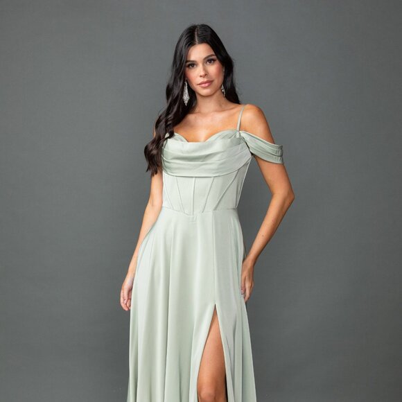 New Off the Shoulder Bridesmaid Chiffon Gown w/ Cowl Neck & Boned Bodice DQ 4539 - Picture 3 of 9